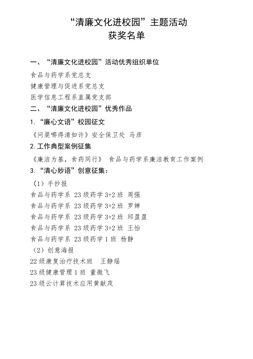“清廉文化进校园”主题活动获奖名单